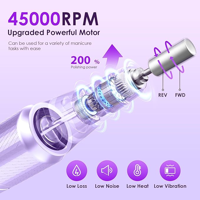 Professional Electric Nail Drill 45000RPM (Portable & Rechargeable) (with 11 Drill Bits ) Cordless Nail File Machine for Shaping, Polishing & Removing Gel Nails for Salon Home(Purple)