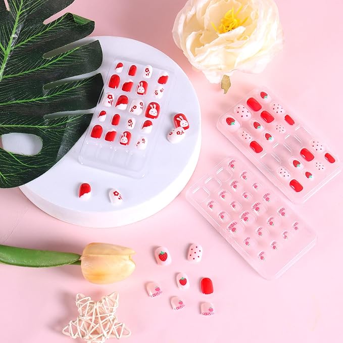 Laza 72pcs Children Nails Press On Pre-glue Full Cover Pink Heart Flower Cute Short False Nail Kits for Kids Teenager Girls - Strawberry Rabbit