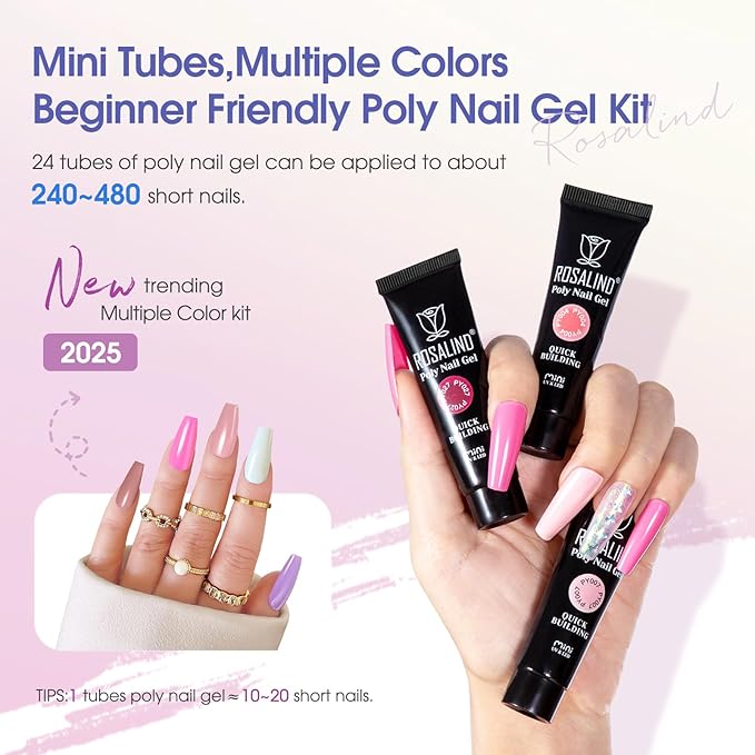 ROSALIND Poly Nail Gel Kit -24 Colors + Pink Glitter with Accessories Clear Nude Poly Nails Gel Starter Kit with Mini UV Lamp Slip Solution Base Top Coat Nude Pink Extensions Set