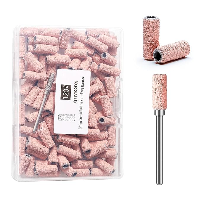 100pcs Nail Drill Bits Small Sanding Bands with Upgrade 3.1mm Mandrel Bit, 120 Medium Grit Nail File Sanding Bands for Acrylic Nails Gel Removing Shaping Manicures and Pedicure(Pink, 120 Grit)
