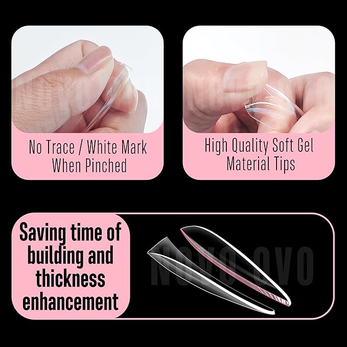NOVO OVO Long Almond Nail Tips NATURAL (Not SCULPTED) for Flat Nail Beds, Extra Thick L Length False Nails Press on, Full Cover Soft Gel Fake Nail Extension, Salon DIY x 15 Sizes 450 pcs