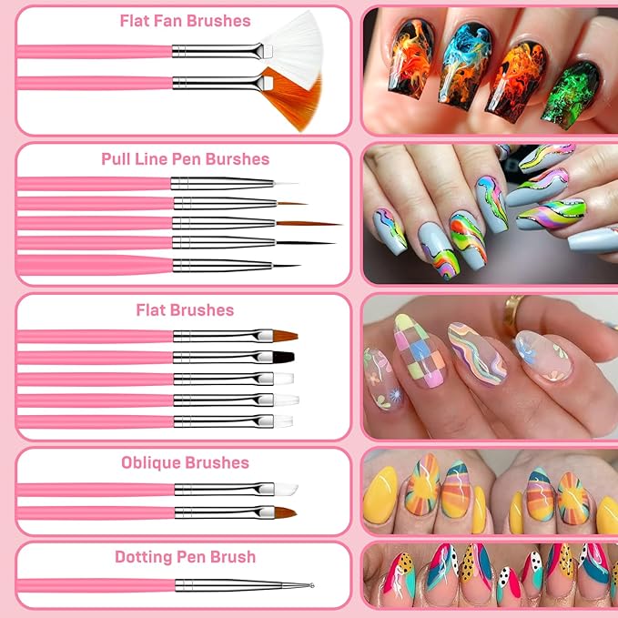 15pcs Pink Nail Art Brushes Set Nail Pen Designer Acrylic Nail Art Gel Painting Brushes Tool Dust Brush,Striping Brushes Dotting Tools for Long Lines Fan Brush Gel Polish Nail Art Supplies