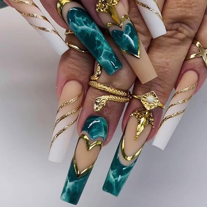 RTKHFZE French Tip Press on Nails Extra long Press on Fake Nails Square False Nails with Swirl and Blue Heart Designs Acrylic Press on Nails with Glue Stick on Nails for Women Nail Decorations