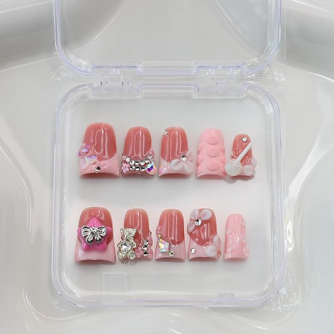 10Pcs Handmade Pink Press on Nails Short Duck Fake Nails with 3D Bear Butterfly Flower Rhinestone Design Pink French Tip False Nails Cute Acrylic Nails Press ons Handmade Stick on Nail for Women (S)