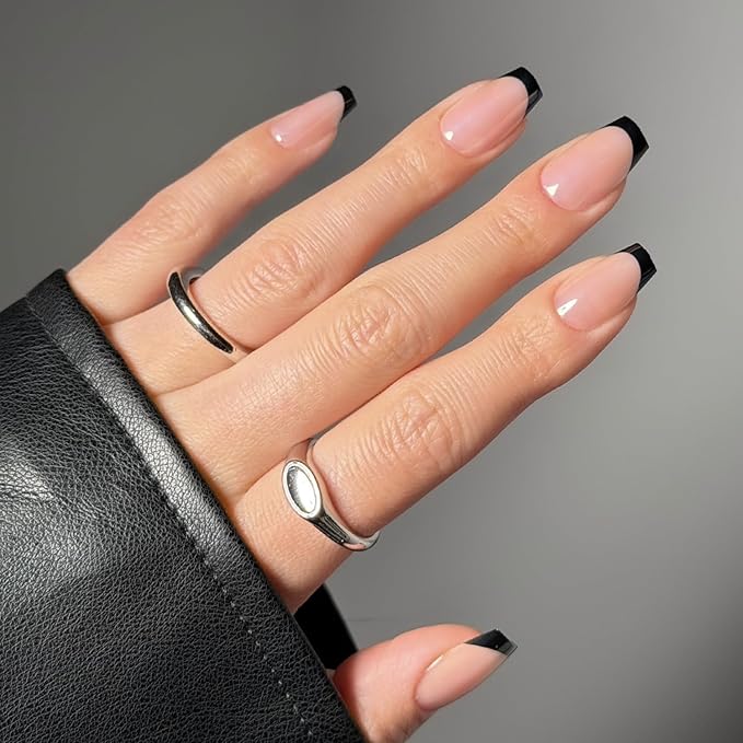 Glamnetic Press On Nails - Balsamic Glaze | Medium Coffin Black French Tip Fake Nails, Salon Quality French Manicure | 15 Sizes - 30 Nail Kit with Glue