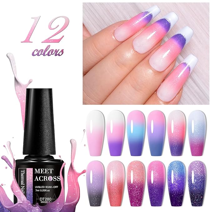 MEET ACROSS 12Pcs Color Changing Gel Nail Polish Set Temperature Mood Changed Glitter Nail Polish Gel Pink Purple Blue Gel Polish DIY Salon Gift for Women