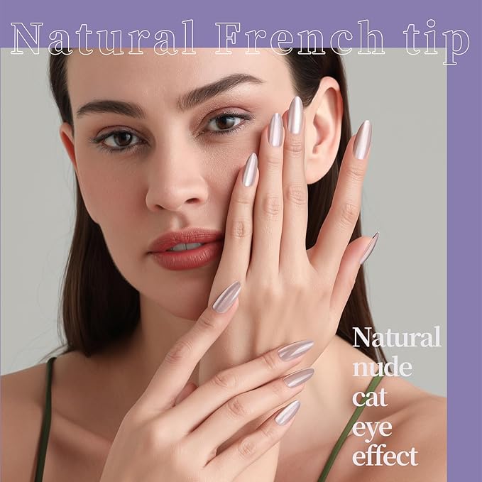 FANDAMEI Press On Nails Almond, 6 Colors Cat Eye Press On Nails, Natural Fake Nails Glossy French Tip, Cat Eye Nails for Women Salon Quality, Christmas Iridescent Chrome Press on Nails Kit