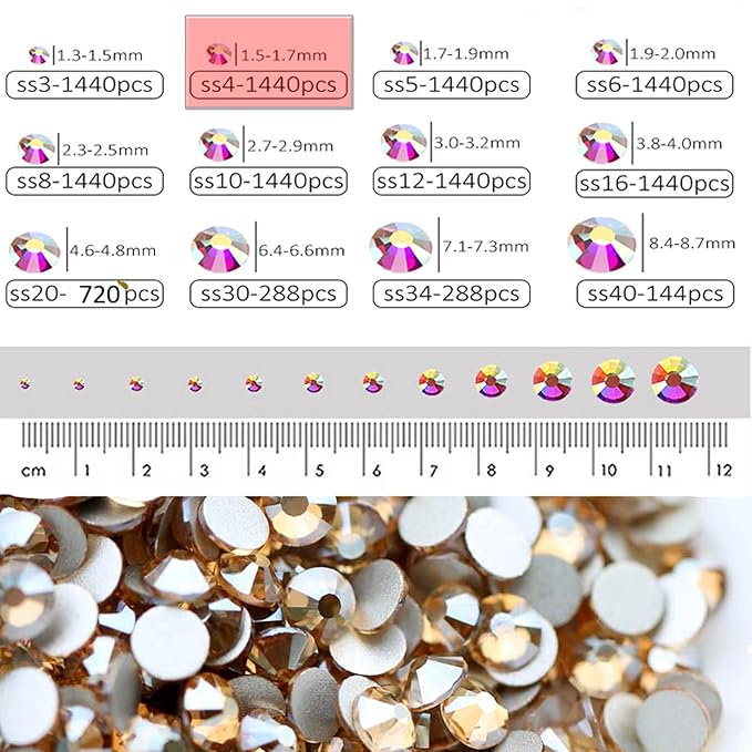 Dowarm 1440 Piece SS4 Flatback Rhinestones, 1.5MM Mini Flatback Nail Crystal Rhinestones for Craft, Dance Costumes, Non Hotfix (SS4 / 1.5MM, Golden Shadow/Champagne)