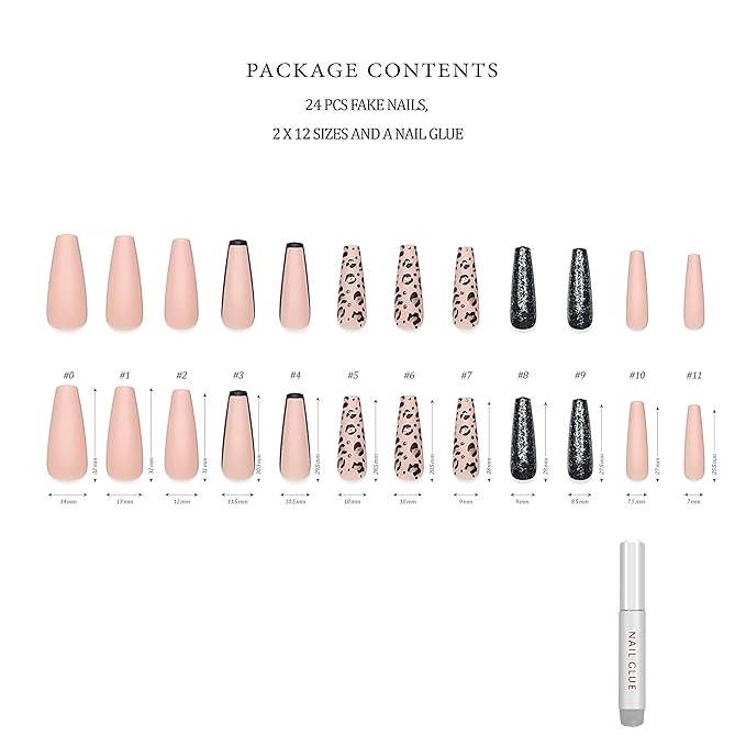 Hypnaughty 24 Pcs Nude Pink Leopard Extra Long Matte Coffin Press on Nails with Glitter XL False Nails with Glue (Nude Pink Leopard)