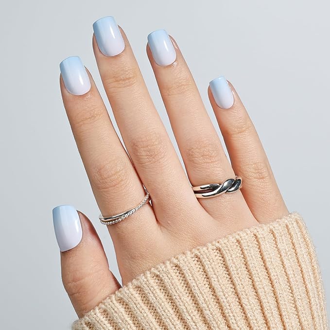 Ombre Press On Nails Square - Light Blue Short Square Fake Nails, Blue Press On Nails Reusable Stick On Nails in 15 Sizes, 30pcs False Nail Kit for Women & Girls (Blue Ombre)
