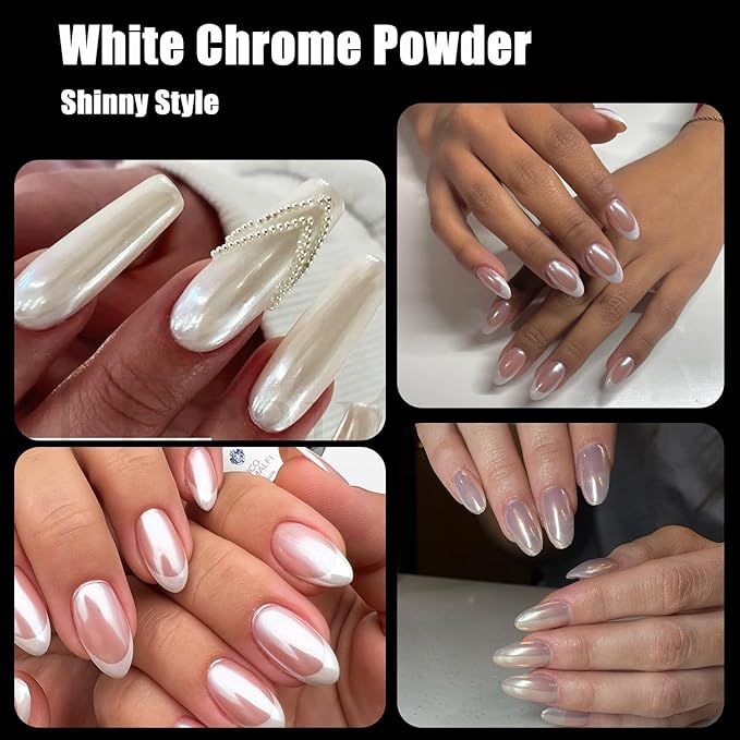2Pcs White Chrome Nail Powder, Pearl Nail Chrome Powder Magic Clear Mirror Effect Nail Glitter White Shimmer Pigment Dust for Nails Art Design