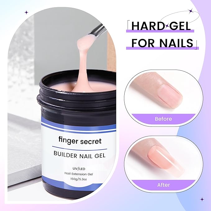 FINGER SECRET Hard Gel For Nails Builder Gel for Nails,White Transparent Pink Nude 3D Sculpting for Nail Extension & Builder 5.3fl.Oz/150g