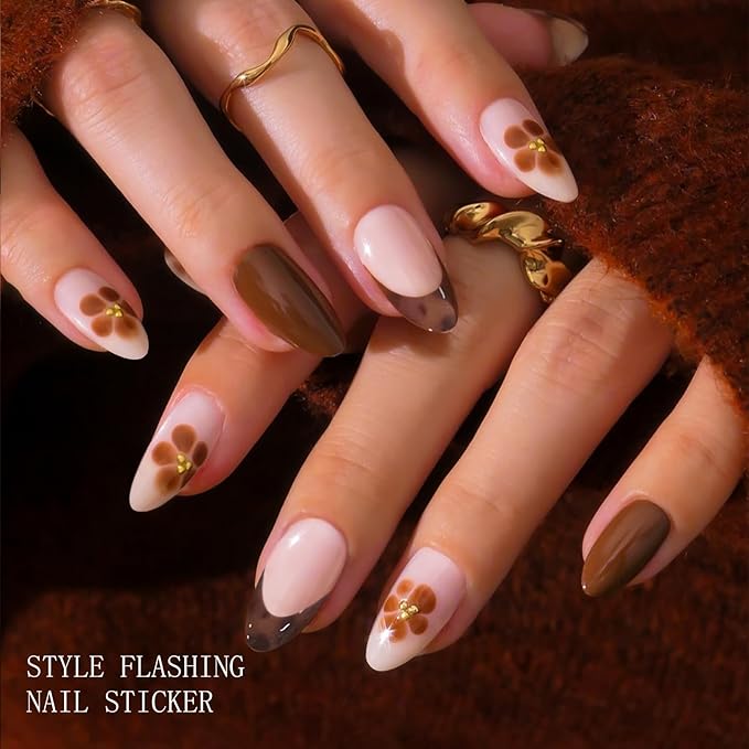 JMEOWIO Gel Nail Stickers Coffee Flower French Tip Semi Cured Gel Nail Strips Wraps UV/LED Nails Art Design Decoration Accessories
