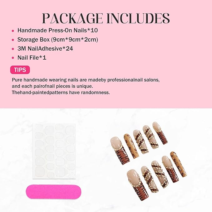 Handmade Press on Nails Extra Long Square Nails Press ons French Tip Leopard Fake Nails with Sparkly Rhinestones Designs False Nails Luxury Full Cove Acrylic Stick on Nail for Women DIY (Size M)