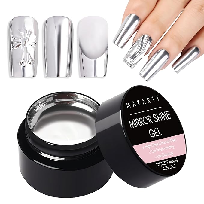 Makartt Nail Rhinestone Glue for Nails, Super Strong Gel Nail Glue for Rhinestones Bundled with 8ml Mirror Shine Gel Metallic Silver Gel UV/LED Gel Metal Painting Gel