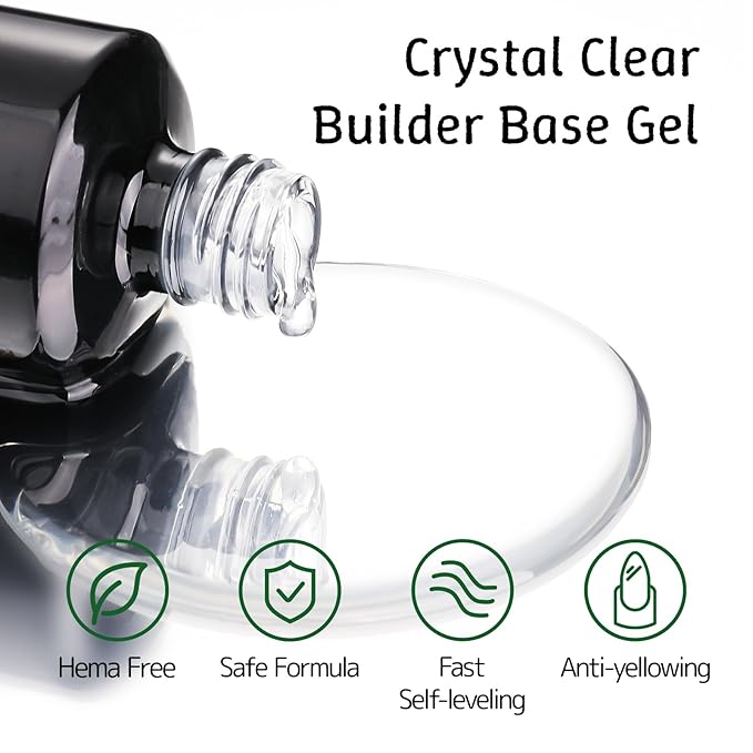6-in-1 Builder Gel for Nails, Brush on Crystal Clear Base Coat Soft Gel Polish Strengthening Building Apex Extension Thickening Enhancement for Home DIY Beginner Salon Manicure(U V Curing)