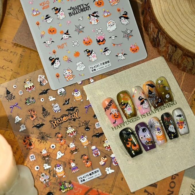 Halloween Nail Stickers Witch Cat Nail Art Stickers 5D Embossed Pumpkin Nail Decals Spider Web Nail Art Supplies 3D Self Adhesive Holiday Nail Design for Women Girls 1 Sheets