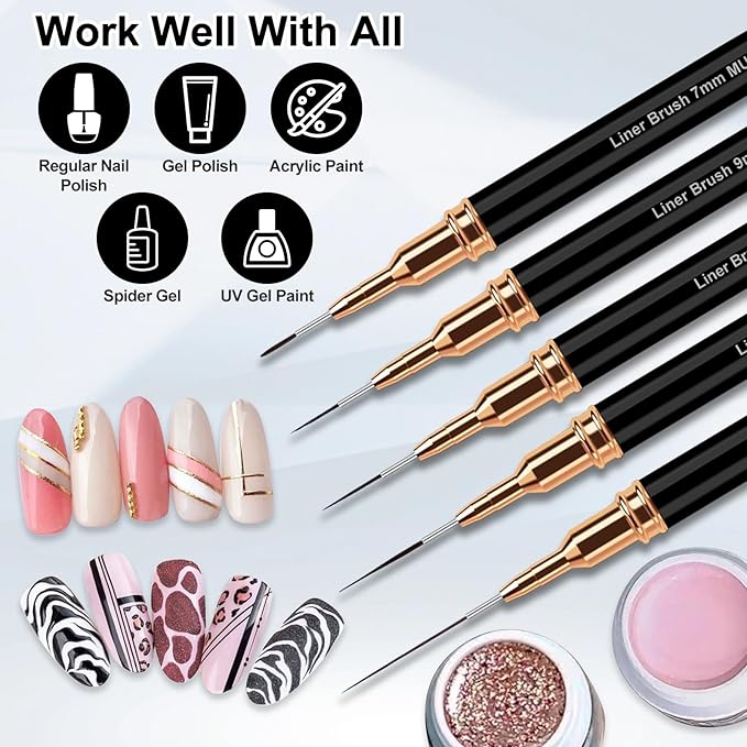 Nail Art Liner Brushes, 5Pcs Liner Brush For Nails, Painting Nail Art Brush Set Dotting Drawing Tool for Long Lines, Thin Details, UV Gel Polish Painting, Fine Drawing 7/9/11/15/25mm(Black)