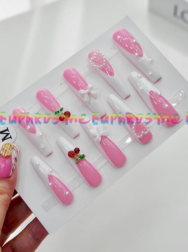 Cherry Pearl Pink Press on Nails – 10PCS Medium Coffin Glossy Fake Nails with White French Gradient and 3D Bow Charms, Cute Reusable Stick On Nails for Girls and Women – Euphrosyne