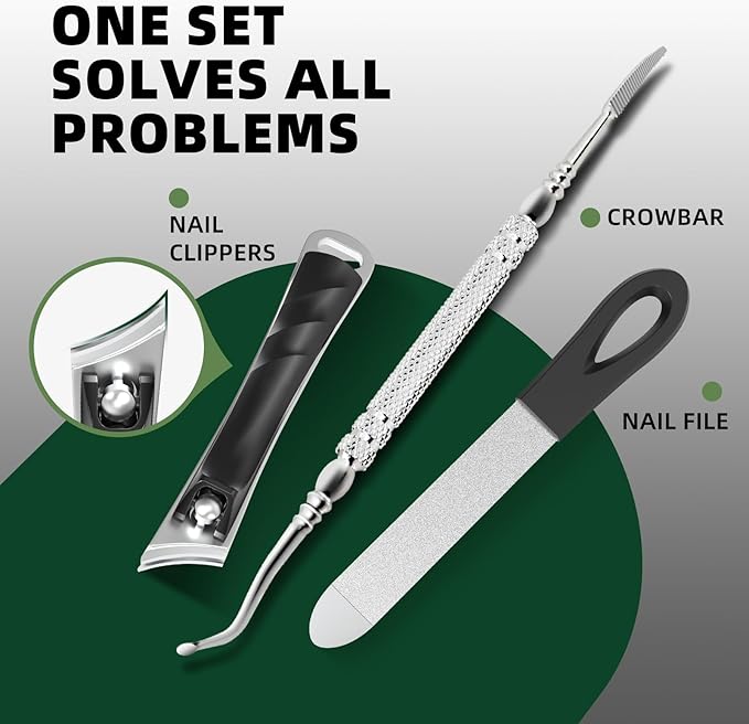 Toenail Clippers for Thick Toenails for Seniors, Heavy Duty Wide Jaw Large Toe Nail Clippers for Thick Nails for Men, Angled Head & 45° Sharp Slanted Ingrown Toenail Clippers Set Black
