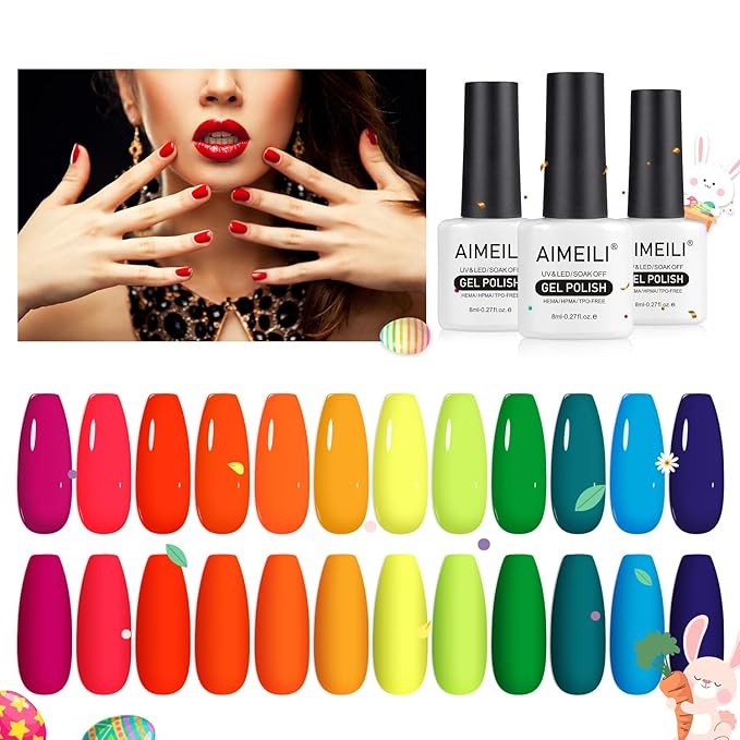 AIMEILI Neon Gel Nail Polish Set, Hema Free, Cruelty Free, Vegan, Summer Nails Orange Hot Pink Blue Yellow Green Purple Gel 12 Colors Kit Set 23