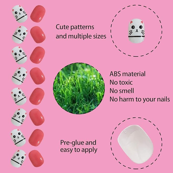 SIUSIO 120 Pcs 5 Pack Children Acrylic Fake Nails Press on Pre-glue Full Cover Glitter Gradient Color Rainbow Short False Nail Art Kits Set Stick on Nails for Kids Little Girls - Pink Hamster
