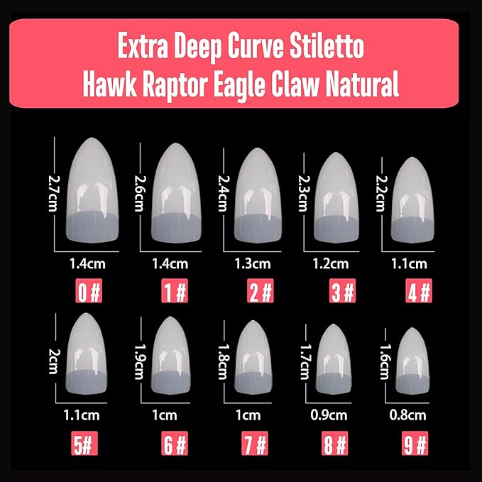 NOVO OVO Halloween 500 pcs Half Cover Hawk Curved Raptor Eagle Claw Extra Super Extreme Deep Curve Stiletto False Nail Extension Tips Natural Color Acrylic Nail 10 Sizes for Art Salon In Bag