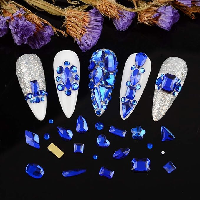 Nail Rhinestones Kit - 8620Pcs/Box Multi Shapes Rhinestones Glass Crystal Diamond Flatback Professional Nail Art Decorations DIY Nail Art Craft with Rhinestones Picker,Dark Blue