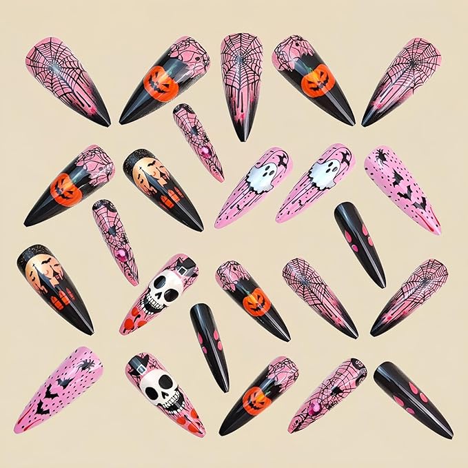 Stiletto Press on Nails Long,Halloween Fake Nails with Ghost & Skull Designs,Halloween Spider Web Pumpkin Bat Stick on Nails Pink Acrylic Nail for Women Girls Halloween Nail Art Decor 24Pcs