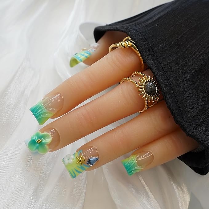 10pcs Handmade Press on Nails Medium Duck Curve Shape – 3D Floral Mushroom Jelly Shell Bow Cherry Chrome Bling Thick Reusable Fake Nails,Boho Y2K Aesthetic Accessories (neon green, S)