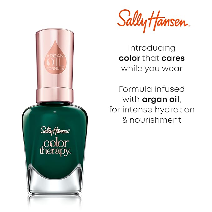 Sally Hansen Color Therapy Nail Polish | Biotin, Argan Oil, Long Lasting, Healthy Nails, Nail Strengthener, Opaque | 453 Serene Green | Dark Green Nail Color