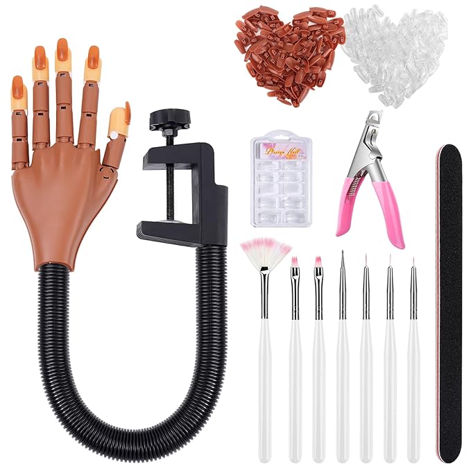 Practice Hand for Acrylic Nails, Flexible Nail Training Maniquin Fake Hand, Moveable Practice Nail wth 200 Pcs Replaceable Nails for Acrylic Nail Manicure DIY