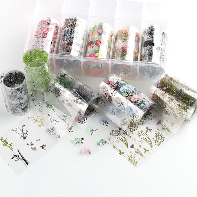 JERCLITY 10 Rolls Flower Nail Foil Transfer Sticker Kit Bamboo Ink Painting Pattern Nail Foil Sheets Foil Nail Art Decals Spring Nail Foil Transfer Stickers Foil Nail Wraps for Foil Nail Art