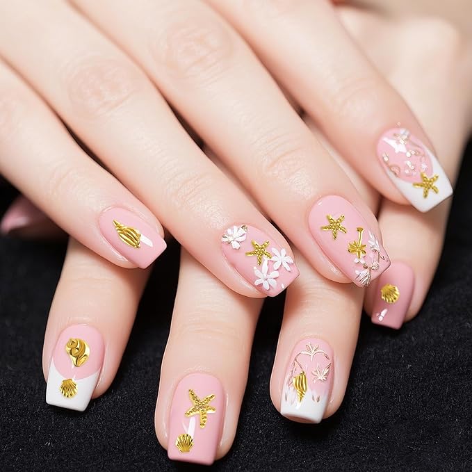 2 Disc Ocean Nail Art Charms, 3D Metal Nails Stickers, Beach Starfish Seashell Decals Manicure DIY Embellishments for Women- Gold