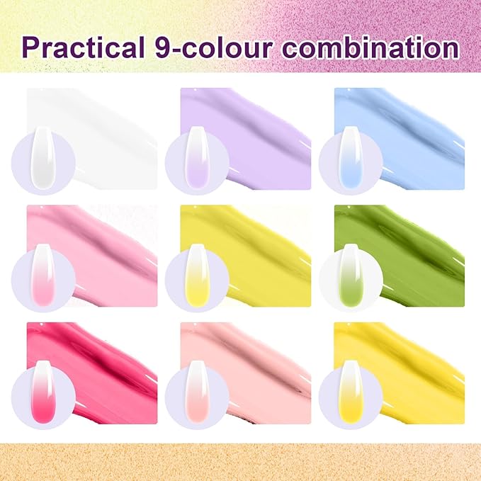 Gradient Gel Nail Set, 9 Bright Colors Ombre Gel Nail Polish with 6 Aurora Multi-Purpose Brushes for Pigment Pat Nails French Manicure Nail DIY Painting Soak Off UV J Fairy Spring