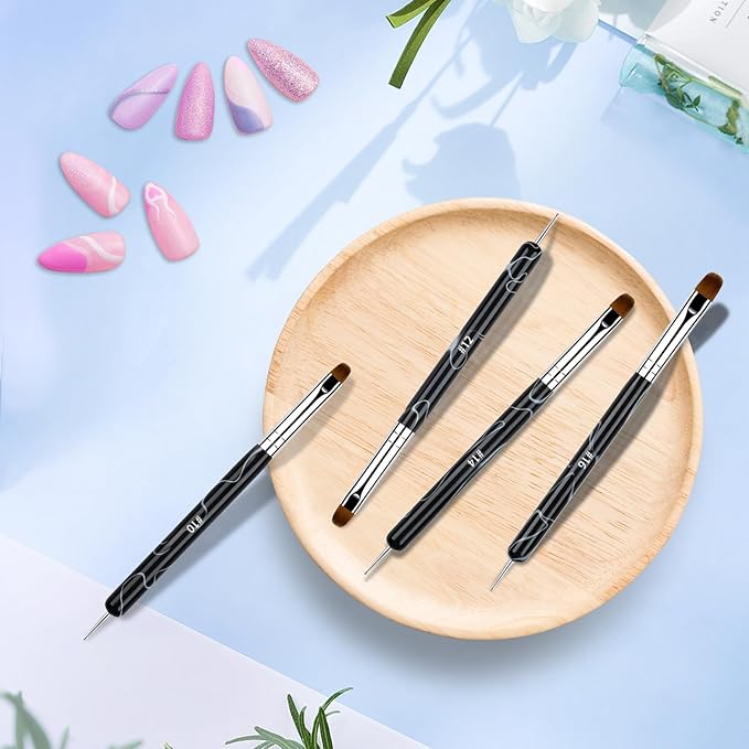 French Manicure Brush Set with Dotting Tools, Double-Ended Nail Art Brushes for Gel & Acrylic, Precision Clean Up & Detail Design, 4 Sizes (#10#12#14#16), NB128-Black