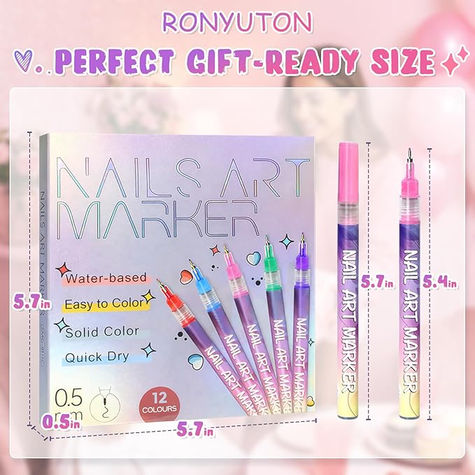 Nail Art Markers, Nail Art Pens for Painting Nails, 12 Colors Nail Art Pens Set with 0.5mm Fine Tip, Quick-Drying Nail Art Marker Pen for DIY Designs, Waterproof Nail Art Pen Kit for Home Salon Use