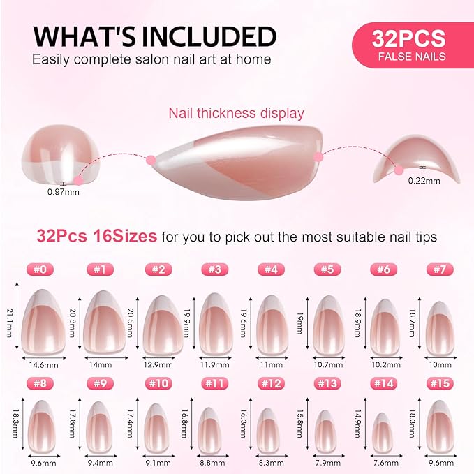 Findigit Press On Nails Short French Tip - Short Soft Gel Press On Nails with Nail Glue, Fit Natural Reusable Stick On Nails in 16 Sizes - 32 Fake Nails Kit,Jelly French