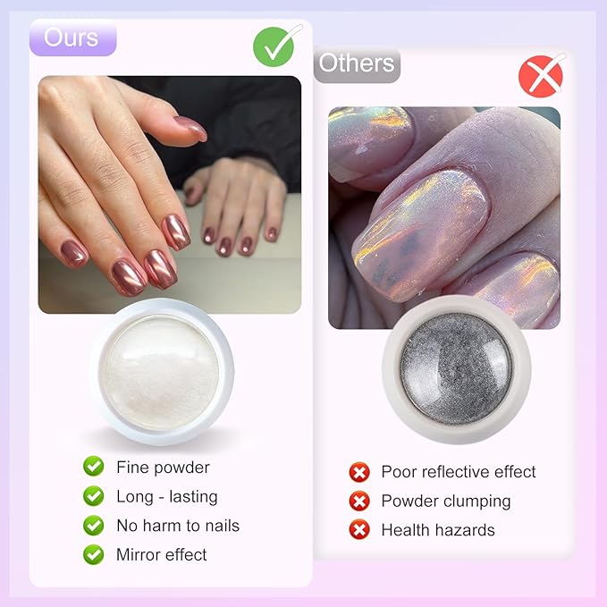 6 Colors Chrome Nail Powder, Mirror Effec Metallic Chrome Powder for Gel Nails, Sliver, Gold, White Pearl, Laser/Silver Nail Decoration Glitter Dust for Nail Art