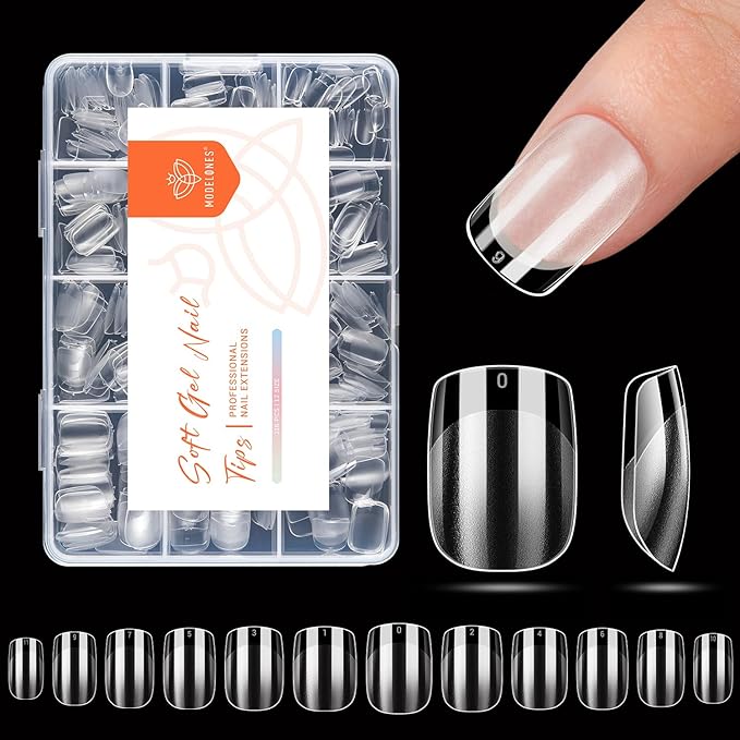 modelones Extra Short Square Nail Tips, Pre-shaped Soft Gel Tips Fake Nails False Acrylic Clear Full Cover Press on Extension Kit Gel Manicure DIY at Home 216PCS 12Sizes