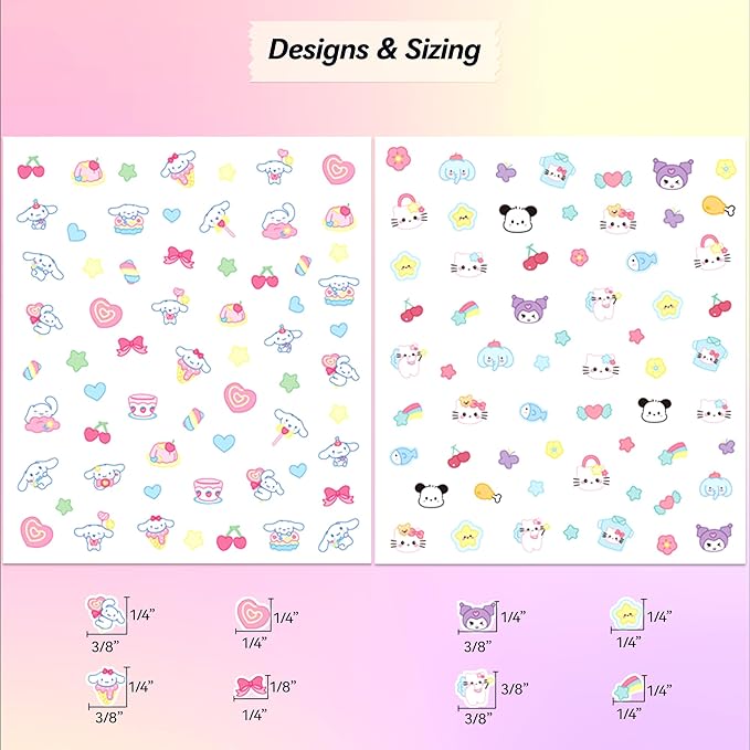4 Sheets of 3D Nail Stickers - 274 Cute Nail Decals - Embossed Nail Stickers for Kids | Kawaii Theme - Stars, Hearts, Bunny, Pink Bear, Puppy, Cats | Glow in The Dark