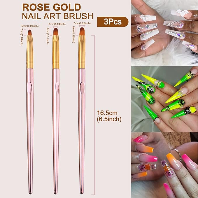 SILPECWEE 3 Pcs Oval Nail Brush Set - Rose Gold, Acrylic Nail Art Brushes Manicure Painting Pen Design Tool Professional Remover Polish Nail Clean Up Brushes (7mm/9mm/10mm)