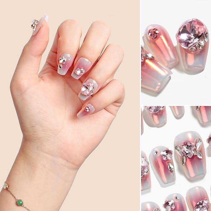 Sun&Beam Nails Handmade Press On Short Coffin Pink Metallic Design Charming Cute False Nail Tips 10 Pcs (#101 S)