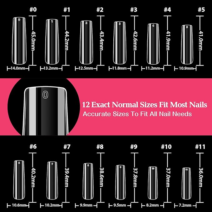 UNA GELLA XXL Long Square Nails Tips 216 PCS No C Curve Straight Nail Tips Full Cover Square Gel Tips Extra Long Nail Tips Clear False Fake Nails Gel Nail Extension for Nail Salon Home DIY 12 Sizes