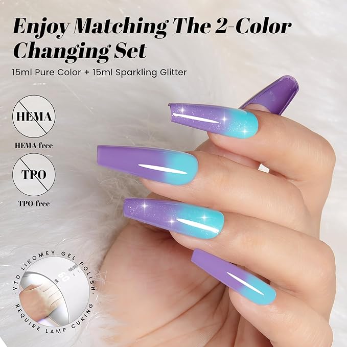 YTD Likomey Color Changing Gel Nail Polish 2 Pcs Set,15ml Tiffany Blue To Purple Pure Color and Glitter Kit,Thermal Ombre Change Colors Salon Manicure UV Nail Varnish,WB2-8