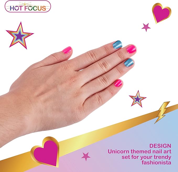 Hot Focus Scented Nail Boutique – 168 Piece Unicorn Nail Art Kit Includes Press on Nails, Nail Patches, Nail Stickers, Nail Polishes, Nail File and Ring – Non-Toxic Water Based Peel Off Nail Polish
