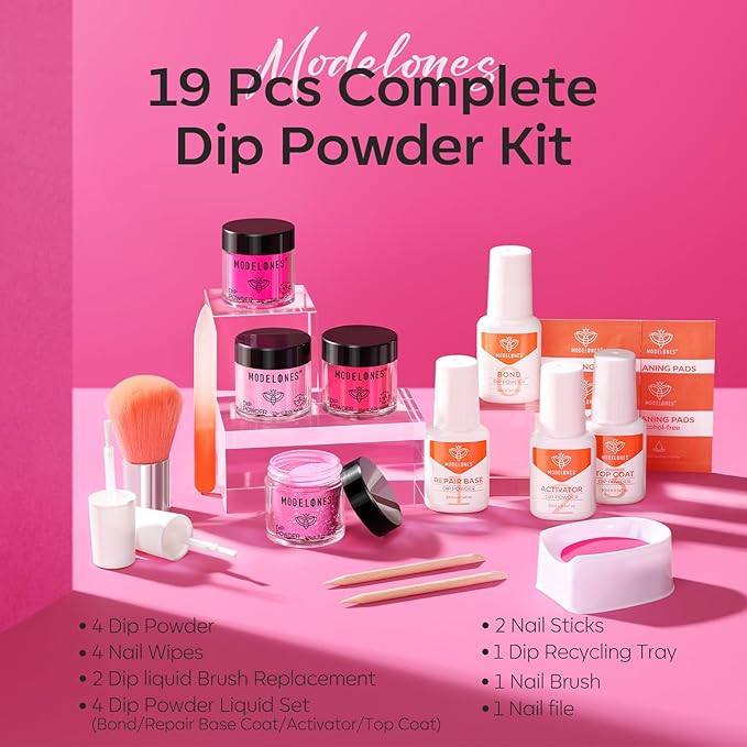 Modelones Dip Powder Nail Kit, 4 Colors Hot Pink Rose Glitter Dipping Starter Set with Liquid and Complete Accessories for French Nails Art Salon DIY at Home Manicure