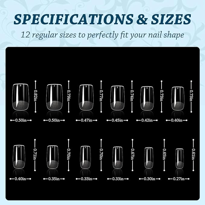 Lsnisni Fake Nail Tips, 288PC Gel Acrylic Nail Tips,Clear Flat Square Press On Nails，Nail Supplies Suitable for Women or Girls to DIY Nails 12 Sizes For Your Choice!
