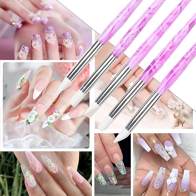 BQAN 5Pcs Nail Art Sculpture Pen, Silicone Nail Art Brushes for Gel, Acrylic Nails, Foil Carving, Drawing & Shaping, Nail Art Tools for Home Salon