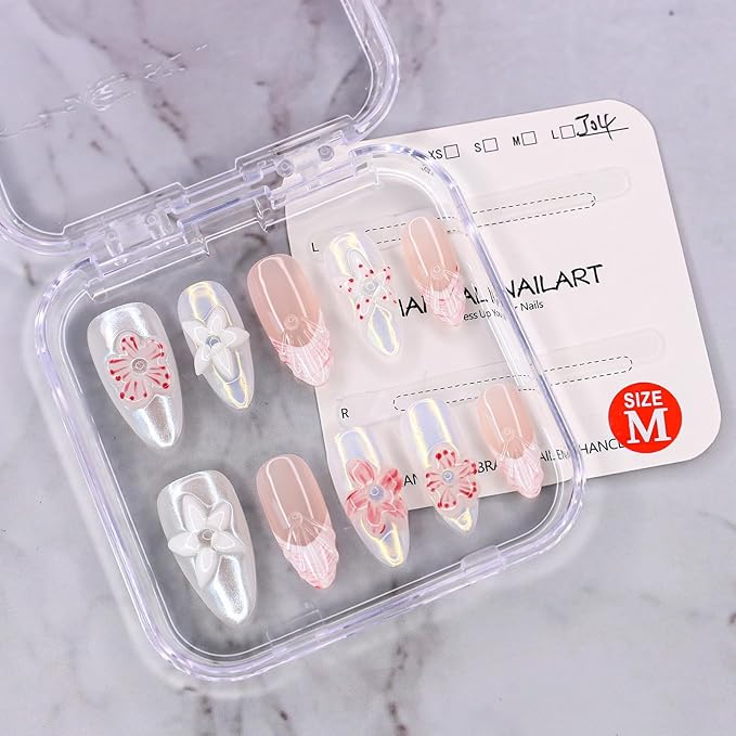 Handmade Press on Nails Luxury 3D Flower False Nails Designs Thickened Salon Quality Acrylic Nails Full Cover French Tip Fake Nails Medium Almond Stick on Nail for Women DIY Manicuare（Size M)